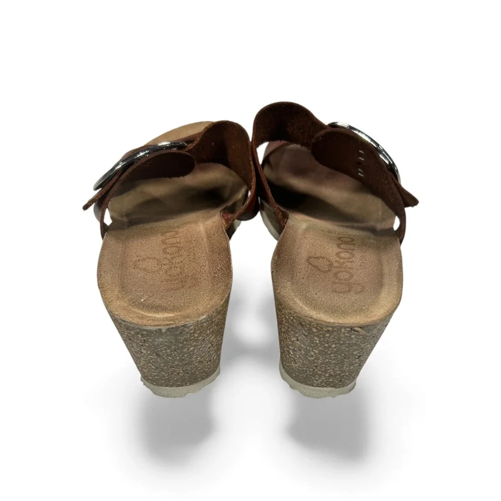 Yokono Women Brown Leather Wedge Slide Sandals Buckle Casual Comfort‎ Size 6.5-7
